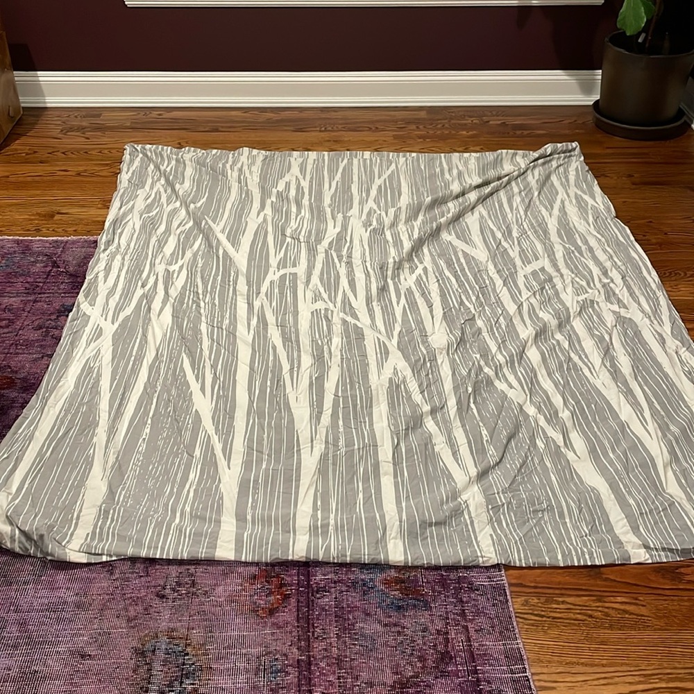CB2 gray and white tree-themed bedding set